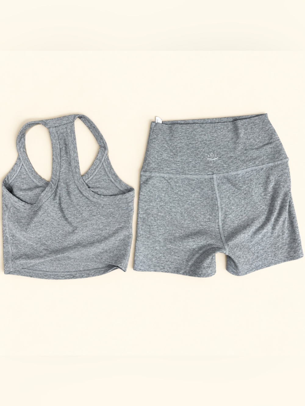 Beyond Yoga Heather Gray High-Waist Athletic Shorts and Cropped Racerback Set